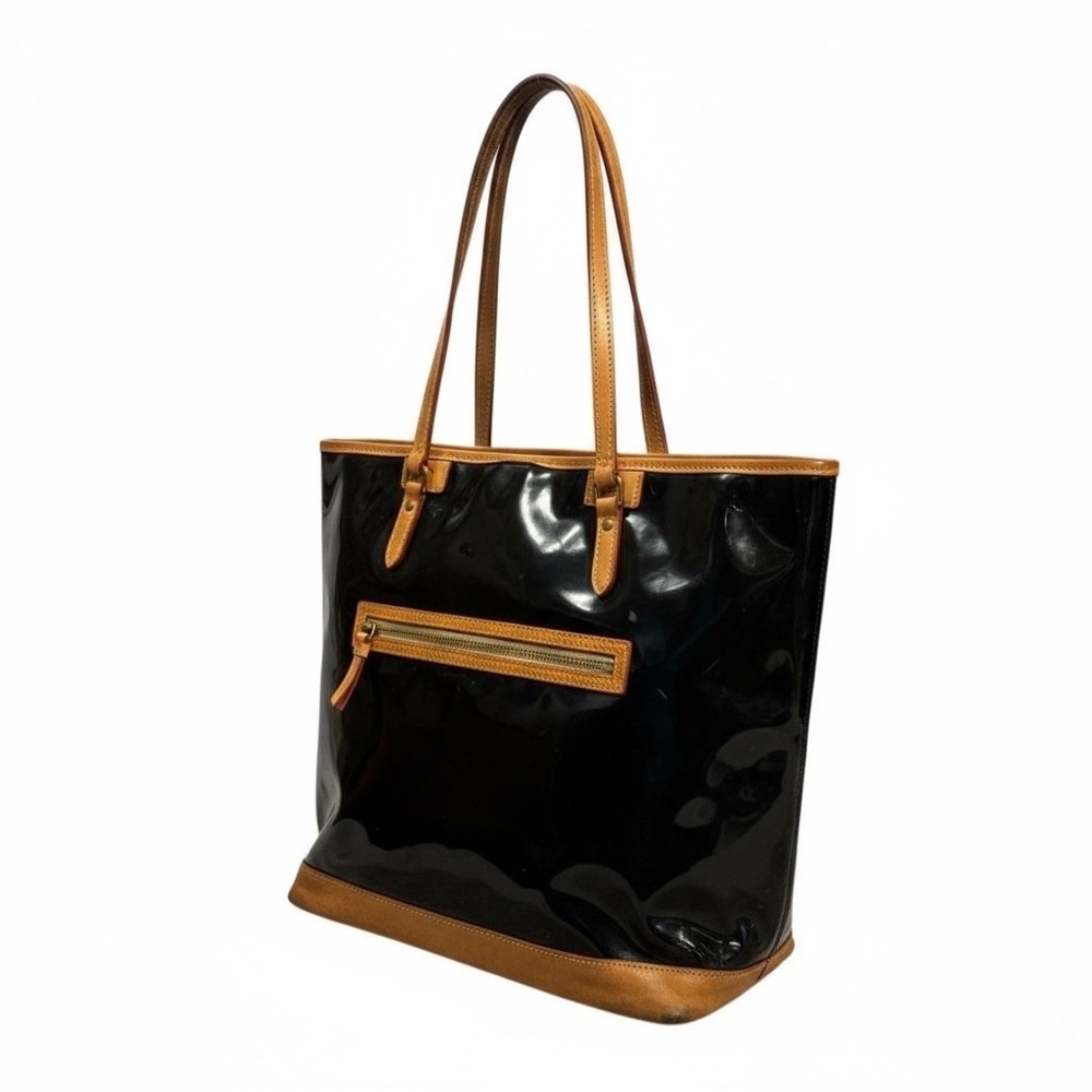 Dooney & Bourke Black Patent Leather‎ Suede Trim Tote Bag Red Lining Large